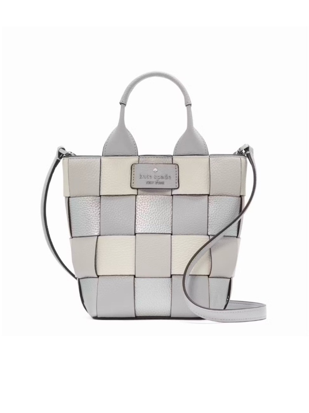 NWT Kate Spade Basket Woven Leather Metallic Mini Tote Crossbody Platinum Grey